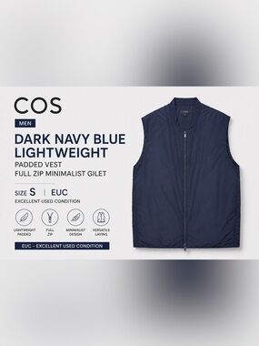 COS Mens Dark Navy Blue Lightweight
Padded Vest Full Zip Minimalist Gilet Size S